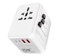 Adaptateur Prise Universelle 25W GaN,5 en 1 Prise Universelle de Voyage avec 2 USB C et 2 USB A, 2500W Adaptateur International France vers USA, AUS, UK, EU, Japon