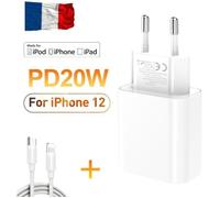 Adaptateur secteur - Chargeur USB C - 20W - Compatible iPhone 12/11/Xs/Xr - Charge rapide PD - Blanc