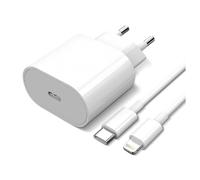 Adaptateur secteur USB-C 18W Blanc + Cable de charge compatible Type C vers Lightning 1 Mètre 3A