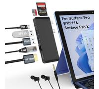 Adaptateur Surface Pro 9 avec 4K HDMI, USB-C Thunderbolt 4 (Affichage+données+PD),2 USB 3.0, Audio 3,5 mm, Ethernet 100 Mbps,Lecteur SD et TF, Triple Affichage (Surface+HDMI+USB C)pour Surface Pro 9/X