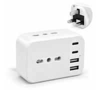 Adaptateur UK 7-en-1 avec 2 USB-C, 2 USB-A et 3 Prises Secteur | Adaptateur Type G 2500 W/10 A pour Royaume-Uni, Irlande, Singapour, Malaisie, EAU, Qatar et Maldives