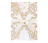 AdasBridal Lot de 50 cartes d'invitation de mariage à paillettes découpées au laser avec enveloppe, feuille intérieure vierge et ruban pour mariage, fiançailles, fête prénuptiale (18 x 12,5 cm, or