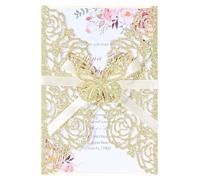 AdasBridal Lot de 50 invitations de mariage en forme de papillon doré à paillettes avec enveloppes et cartes RSVP, cartes vierges, poche d'invitation découpée au laser, rubans, pour mariage, fête