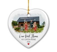 Add Picture Décoration en céramique pour Noël 2025, décoration de sapin de Noël personnalisée, photo de maison personnalisée et adresse 1er Noël dans une nouvelle maison, cadeau pour pendaison de