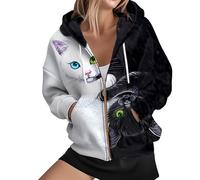 ADDARTS Sweat à capuche d'Halloween pour femme avec fermeture éclair intégrale, veste d'automne décontractée avec cordon de serrage avec poche, Chats noirs et blancs, Large