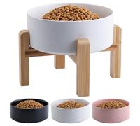 Addggo Gamelle surélevée en céramique blanche de 15,2 cm avec support en bois pour chiens de taille moyenne et grande - Gamelle antidérapante et lourde - 3,6 tasses - En porcelaine