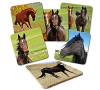 'ADDIES Verre Set de 6 dessous de pièces imprimé motif "Chevaux Kit complet présentée dans un coffret cadeau transparente et dos en liège Motif animaux