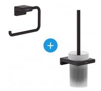 AddStoris Set de porte-papier WC mural + Porte brosse WC mural en verre mat, Noir mat (41771670-Addstoris)