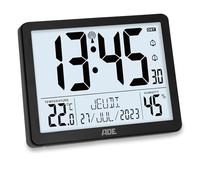 ADE Horloge numérique radio-contrôlée avec de très grands chiffres | Horloge de table ou murale avec 2 heures de réveil et d'éclairage | Thermomètre hygromètre | Cadre étroit en noir mat