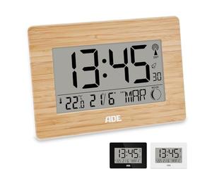 ADE Horloge Radio pilotée numérique | Chiffres XXL | Horloge Murale/de Table Digitale | Affichage de la température | Design Moderne | silencieuse | Calendrier numérique | à Piles | Cadre Bois Bambou