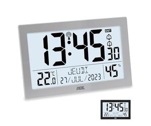 ADE Horloge radiopilotée numérique avec Grand écran XL | Calendrier | thermomètre et hygromètre | Horloge Murale | Radio-réveil avec 2 Heures de réveil et Fonction Snooze | argenté