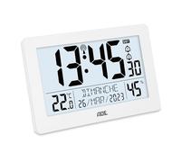 ADE Horloge radiopilotée numérique XL avec très Grands Chiffres | Horloge de Table avec 2 Heures de réveil et éclairage | Thermomètre e Hygromètre | Cadre étroit Blanc