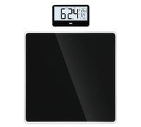 ADE Pèse-personne numérique avec écran externe, pour personnes jusqu'à 180 kg, poids lisible à hauteur des yeux, avec horloge de bain, hygromètre, thermomètre intérieur, noir
