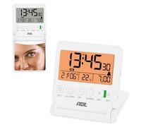 ADE Réveil de voyage numérique | Horloge avec affichage de la température | Petit réveil avec lumière | Miroir pliable intégré dans le couvercle | Facile à utiliser | Blanc