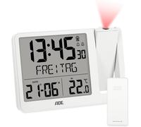 ADE Réveil Radio piloté avec Projection Horloge numérique avec capteur extérieur Affichage de la température, Date et Jour de la Semaine en français câble d'alimentation Inclus Blanc