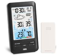 ADE Station méteo numérique avec capteur extérieur | Thermomètre, hygromètre, baromètre | Horloge radio-pilotée avec double alarme | Prévisions météo animées | Grand écran couleur LCD