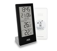 ADE Station météo numérique sans fil avec capteur extérieur | horloge numérique avec thermomètre intérieur et extérieur pour la maison | horloge radio pilotée | calendrier numérique | noir