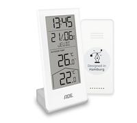 ADE Station météo numérique sans fil avec capteur extérieur | horloge numérique avec thermomètre intérieur et extérieur pour la maison | horloge radio pilotée | calendrier numérique | blanc