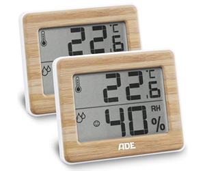ADE Thermo-hygromètre numérique avec du Vrai Bambou. Thermomètre avec Affichage précis de la température, Hygromètre pour indicateur d'humidité et Zone de Confort, écran LCD | Lot de 2