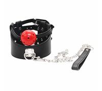 Adefeect Colliers en cuir synthétique avec boule Gag creux érotique Collier chaîne laisse menottes SM Colliers esclaves Collier SM Bondage Adulte Cosplay pour débutants, Noir , taille unique