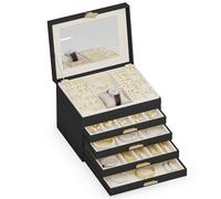 ADEL DREAM Boîte à bijoux à 5 étages avec bouton trèfle à quatre feuilles, plateau extensible, organisateur de bijoux avec grand miroir, compartiments réglables DIY, pour mères et filles, noir
