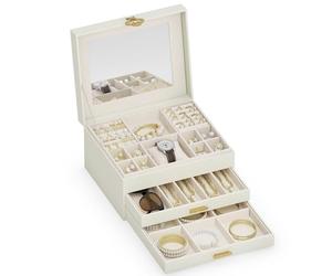 ADEL DREAM Boîte à bijoux, à 6 niveaux, avec bouton trèfle, plateau extensible, organisateur de bijoux avec grand miroir, compartiments réglables DIY, pour mères et filles (Blanc-18-7)