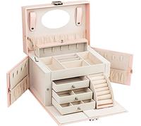 ADEL DREAM Boîte à Bijoux avec Poignée Miroir Verrouillable Voyage 4 Niveaux avec 3 Tiroirs pour Rangement Bijoux Idée Cadeau Femme Rose 26x18x18 cm