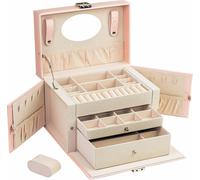 ADEL DREAM Boîte à bijoux Coffret à bijoux Femme Fille Boucle d'oreille Rangement bijoux 3 niveaux 2 tiroirs avec porte latérale miroir fermant à clé Couleur rose