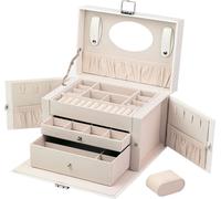 ADEL DREAM Boîte à bijoux Coffret à bijoux Femme Fille Boucle d'oreille Rangement bijoux 3 niveaux 2 tiroirs avec porte latérale miroir fermant à clé Couleur blanc