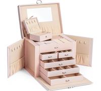 ADEL DREAM Boîte à bijoux, coffret à bijoux, grand, verrouillable, 5 niveaux avec 5 tiroirs, avec miroir, pour bagues, boucles d'oreilles, colliers et bracelets, élégant et classique (Rosa3)