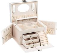 ADEL DREAM Boîte à bijoux en cuir synthétique pour femme Avec cadenas Pour ranger bagues boucles d'oreilles colliers et bracelets 4 niveaux J08 blanc