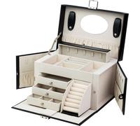 ADEL DREAM Coffret à bijoux, grand, verrouillable, 4 niveaux avec 3 tiroirs, avec miroir, pour bagues, boucles d'oreilles, colliers et bracelets, élégant et classique couleur noir