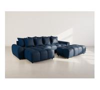 Adelaide - canapé d'angle réversible 4 places avec pouf d'appoint en tissu texturé - Bleu
