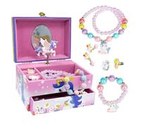 AdelDream Boîte à bijoux musicale licorne Ensemble de 5 bijoux Petite fille Boîte à bijoux pour fille et femme Cadeau d'anniversaire licorne à deux couches rose