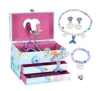 AdelDream Boîte à bijoux musicale Petite fille Boîte à bijoux pour fille et femme Cadeau d'anniversaire Cadeau d'anniversaire pour enfants trois couches de sirène bleu 5 ensembles de bijoux