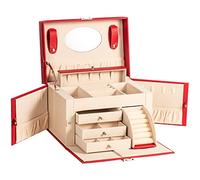 AdelDream Boîte à bijoux verrouillable à 4 niveaux avec 3 tiroirs poignée miroir pour les voyage, rangement des bijoux idée cadeau pour femme rouge