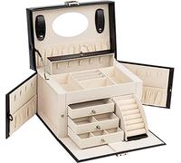 AdelDream Boîte à bijoux verrouillable à 4 niveaux avec 3 tiroirs poignée miroir pour les voyages rangement des bijoux idée cadeau pour femme noir3