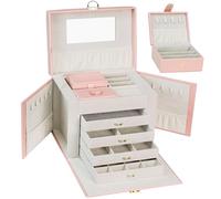 AdelDream Grande boîte à bijoux verrouillable à 5 niveaux avec miroir avec 5 tiroirs pour bagues boucles d'oreilles colliers et bracelets élégante et classique Rosa3