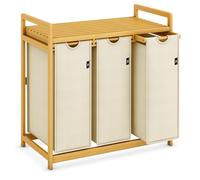 AdelDream Panier à linge 150L 3 compartiments avec étagères sac à linge extensible et amovible collecteur de linge cadre en bambou boîte à linge tri du linge Bambou Beige