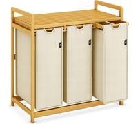 AdelDream Panier à linge 150L 3 compartiments étagères sac à linge extensible et amovible collecteur de linge cadre en bambou boîte à linge laundry baskets beige