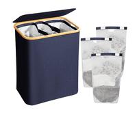 AdelDream Panier à linge en bambou 3 compartiments 160L Pliable 3 compartiments Bleu