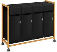 AdelDream Panier à linge Trieur de vêtements, sur roulettes 4 compartiments Chariot à linge avec poches amovibles Collecteur de vêtements Bambou 200L Noir