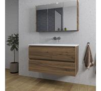 Adema Chaci Ensemble de meuble - 100x46x57cm - 1 vasque en céramique blanche - sans trou de robinet - 2 tiroirs - armoire de toilette - Noyer SW1212772/SW1212817/SW812073/SW773927