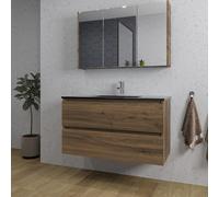 Adema Chaci Ensemble de meuble - 100x46x57cm - 1 vasque en céramique noire - 1 trou de robinet - 2 tiroirs - armoire de toilette - noix SW1212772/SW1212817/SW812073/SW761656