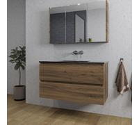 Adema Chaci Ensemble de meuble - 100x46x57cm - 1 vasque en céramique noire - sans trous de robinet - 2 tiroirs - armoire de toilette - noix SW1212772/SW1212817/SW812073/SW773932