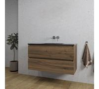 Adema Chaci Ensemble de meuble 101x46x57cm avec 2 tiroirs sans poignée vasque en céramique noire sans trou de robinet Noix SW1212772/SW773932