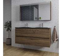 Adema Chaci Ensemble de meuble - 120x46x57cm - 2 vasques en céramique noire - 2 trous de robinet - 2 tiroirs - armoire de toilette - noix SW761657/SW812073/SW1212818/SW1212779