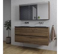 Adema Chaci Ensemble de meuble - 120x46x57cm - 2 vasques en céramique noire - sans trous de robinet - 2 tiroirs - armoire de toilette - noix SW773933/SW812073/SW1212818/SW1212779