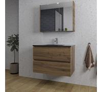 Adema Chaci Ensemble de meuble - 80x46x55cm - 1 lavabo en céramique noir - 1 trou de robinet - 2 tiroirs - Armoire de toilette - noyer (bois) SW1212816/SW761655/SW1212764/SW812073