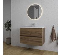 Adema Chaci Ensemble de meuble - 80x46x57cm - 1 vasque ovale en céramique blanc - 1 trou de robinet - 2 tiroirs - miroir rond avec éclairage - noix SW1212764/SW718717/SW108328